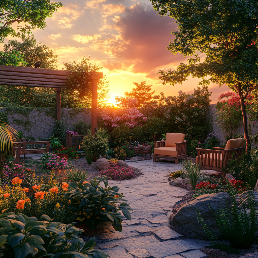 emagatravels_realistic_garden_in_the_sunset_garden_furniturevib_bf124951-2f0b-4376-8908-525d58b4e557 meble do ogrodu